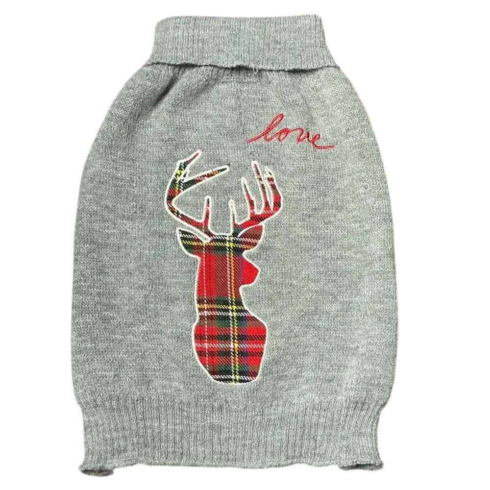 Ellen Degeneres Gray Sweater with Plaid Deer and Love Embroidery
